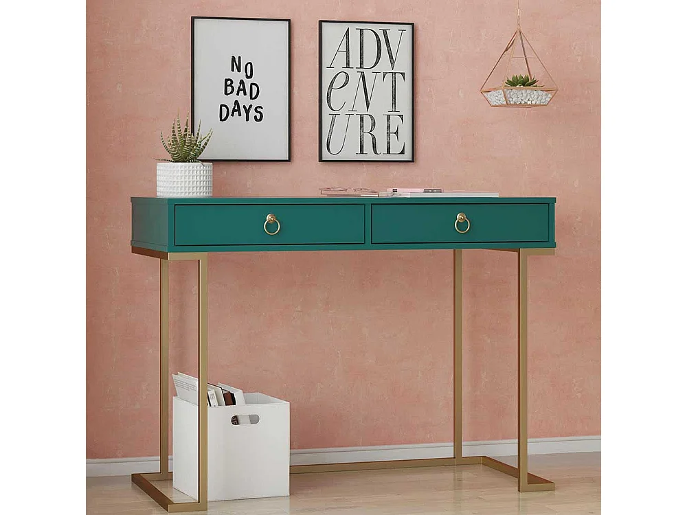 Moderner Schreibtisch in Petrol und Goldfarben zwei Schubladen