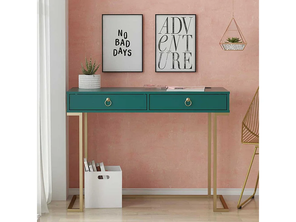 Moderner Schreibtisch in Petrol und Goldfarben zwei Schubladen