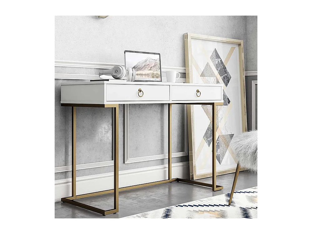 Moderner Designschreibtisch in Weiß und Goldfarben zwei Schubladen