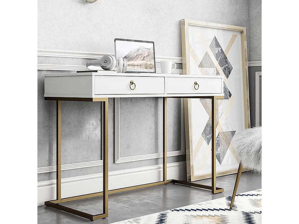 Moderner Designschreibtisch in Weiß und Goldfarben zwei Schubladen