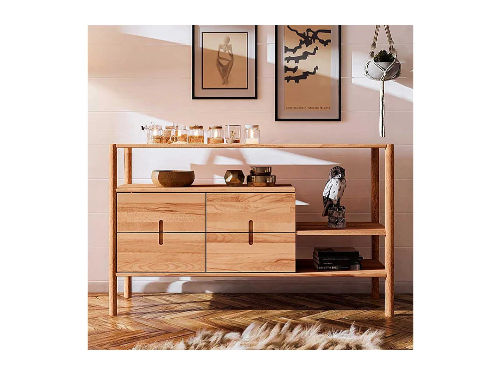 Holzregal mit Schubladen aus Wildbuche Massivholz 142 cm breit
