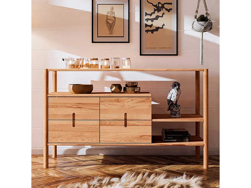 Holzregal mit Schubladen aus Wildbuche Massivholz 142 cm breit