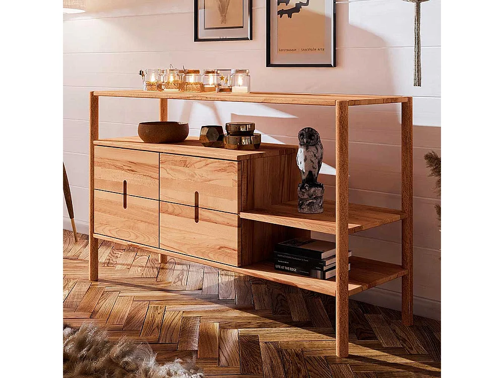 Holzregal mit Schubladen aus Wildbuche Massivholz 142 cm breit