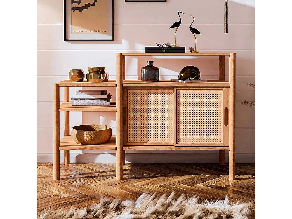 Massivholzregal mit Schiebetüren und Rattan Geflecht 120 cm breit