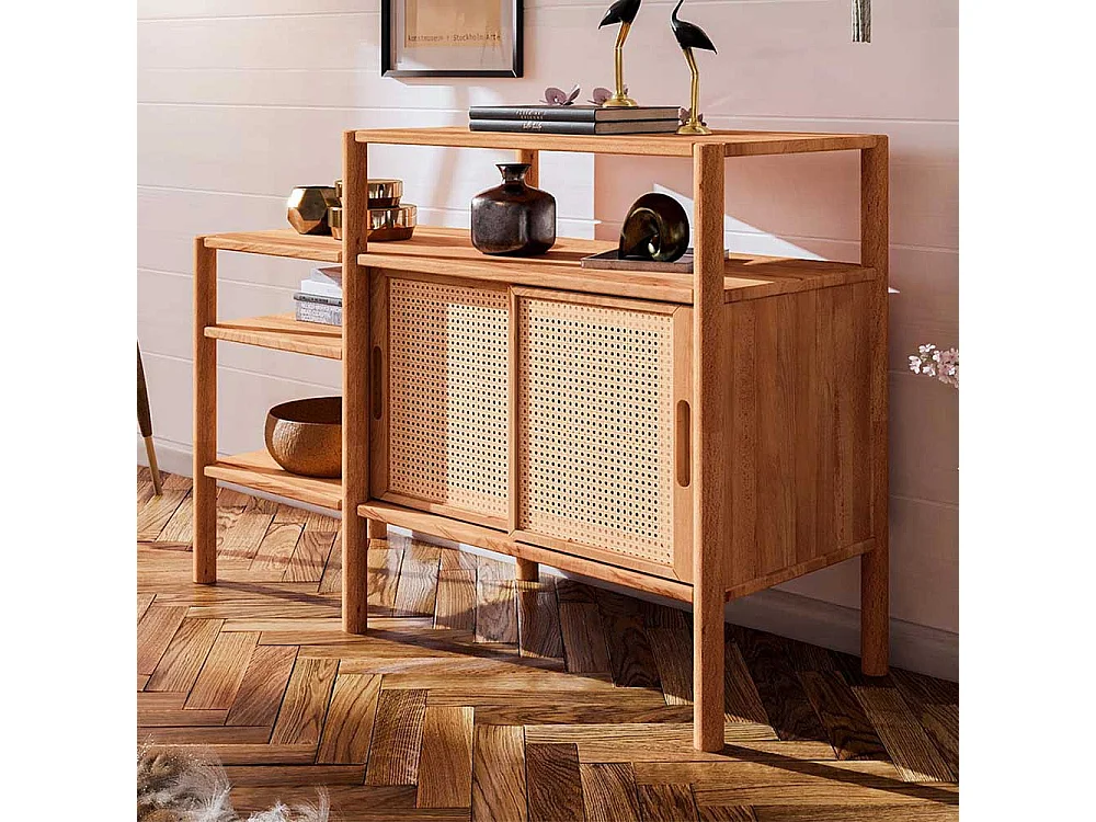 Massivholzregal mit Schiebetüren und Rattan Geflecht 120 cm breit