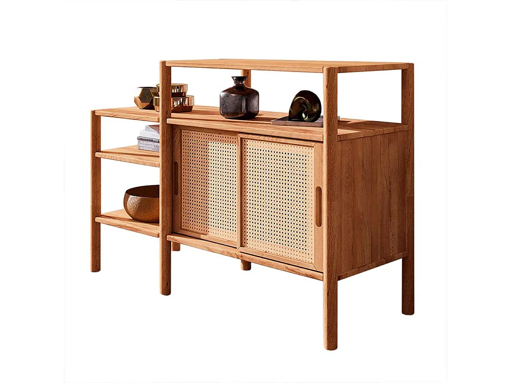 Massivholzregal mit Schiebetüren und Rattan Geflecht 120 cm breit