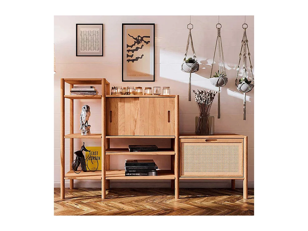 Wohnzimmerregal mit Geflecht aus Wildbuche Massivholz Rattan