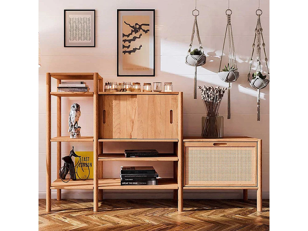 Wohnzimmerregal mit Geflecht aus Wildbuche Massivholz Rattan