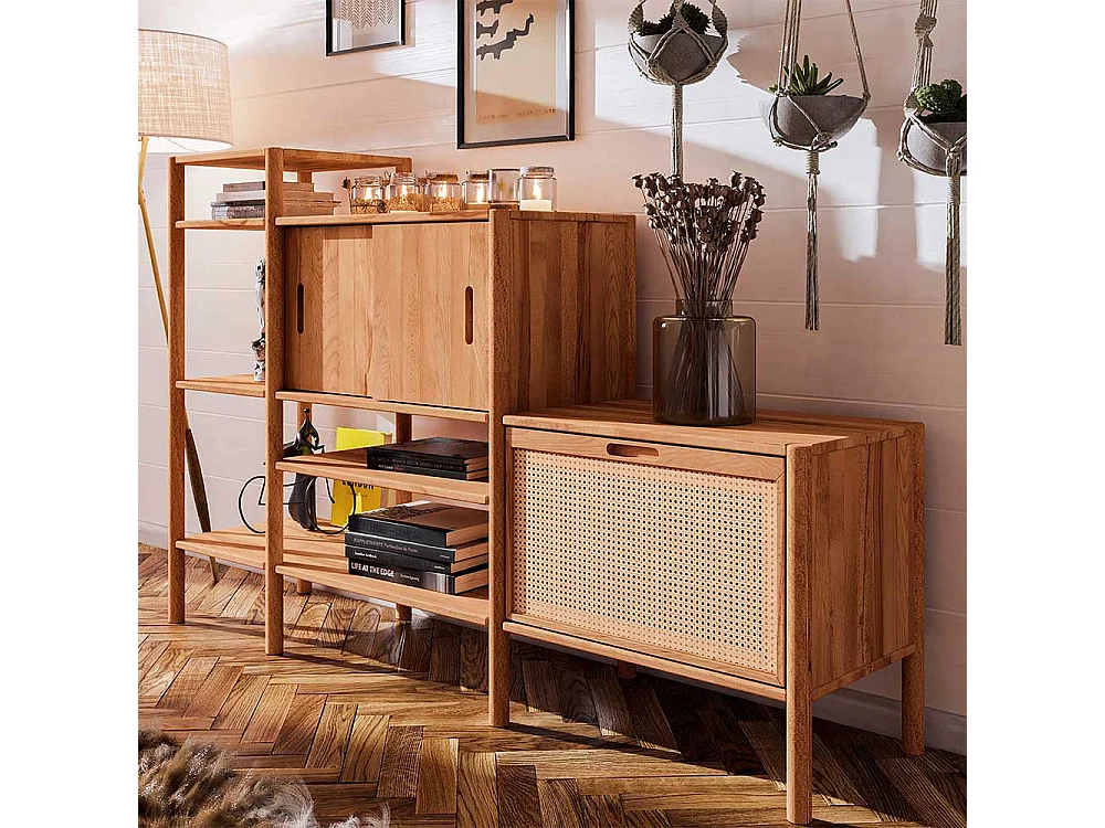 Wohnzimmerregal mit Geflecht aus Wildbuche Massivholz Rattan