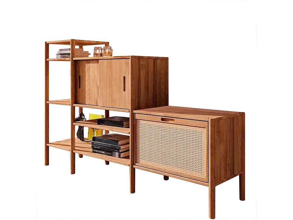 Wohnzimmerregal mit Geflecht aus Wildbuche Massivholz Rattan