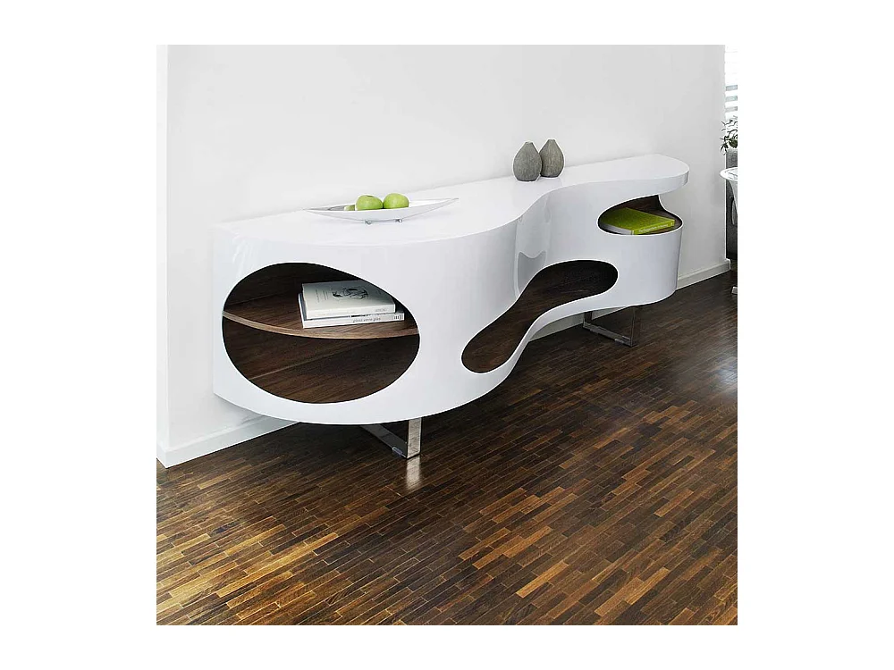 Design Sideboard geschwungen geformt Hochglanz Weiß und Walnussfarben furniert