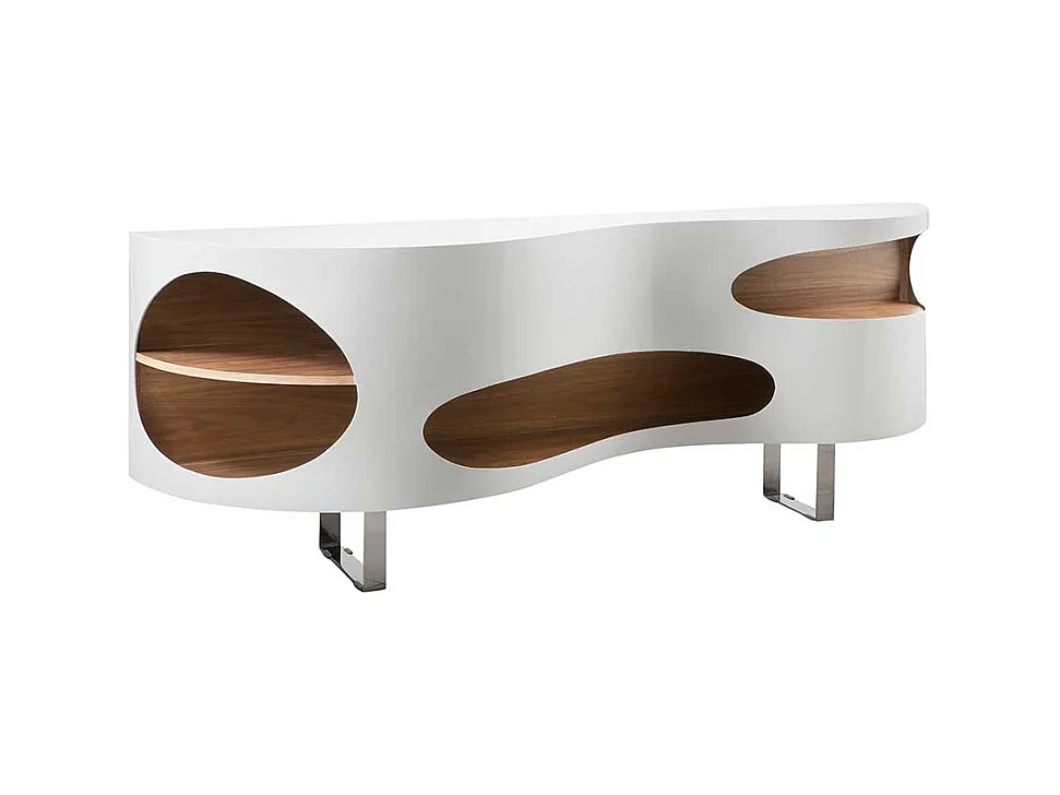 Design Sideboard geschwungen geformt Hochglanz Weiß und Walnussfarben furniert