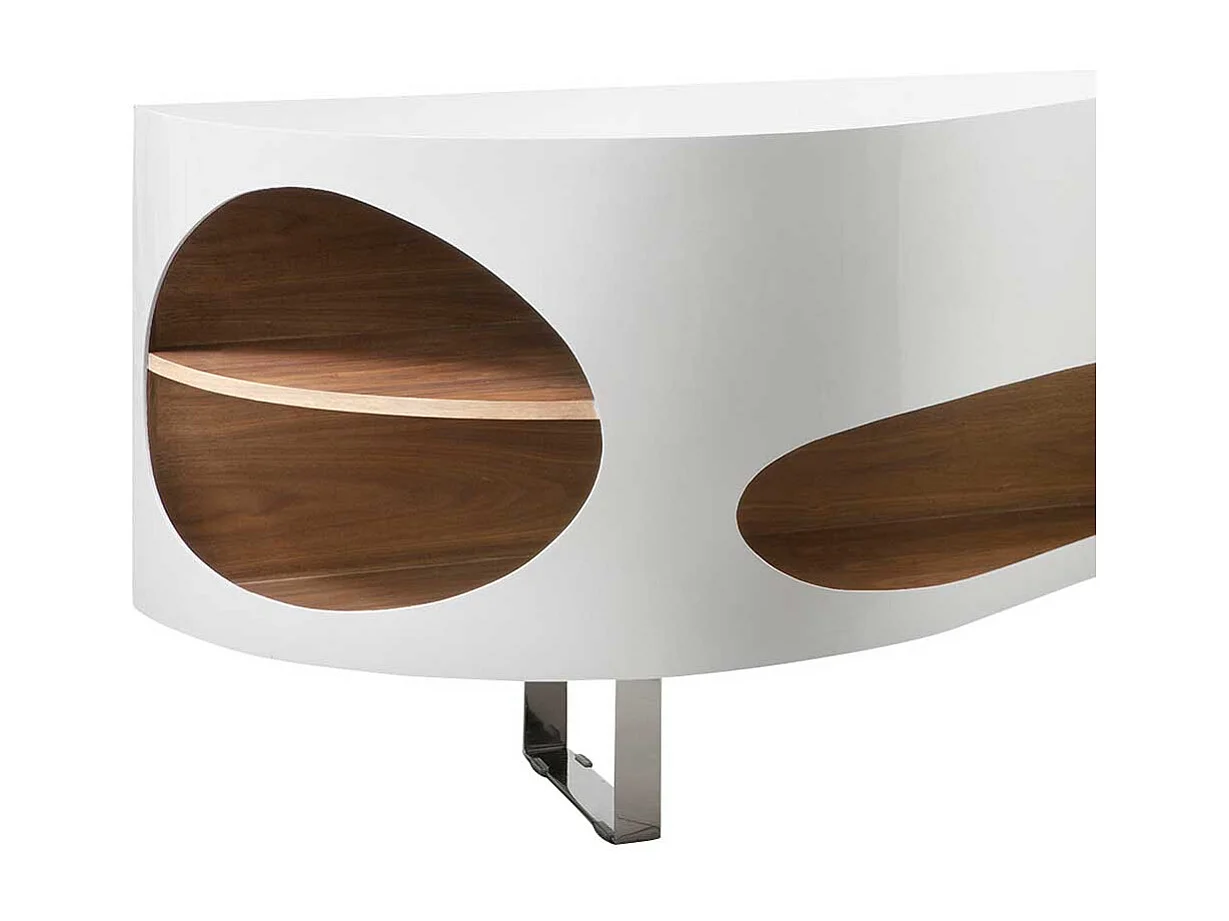 Design Sideboard geschwungen geformt Hochglanz Weiß und Walnussfarben furniert