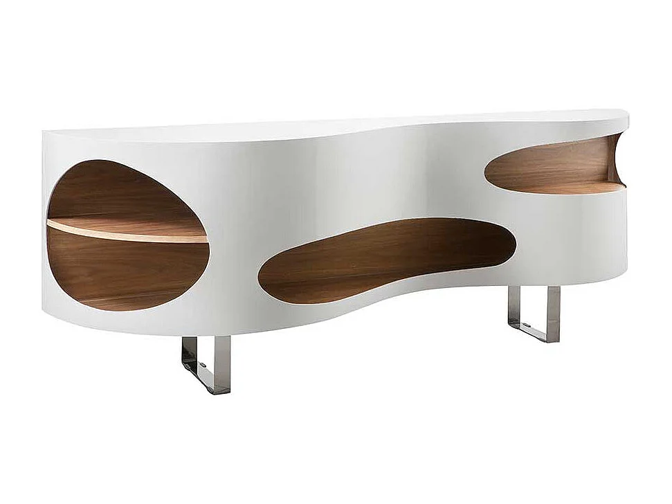 Design Sideboard geschwungen geformt Hochglanz Weiß und Walnussfarben furniert