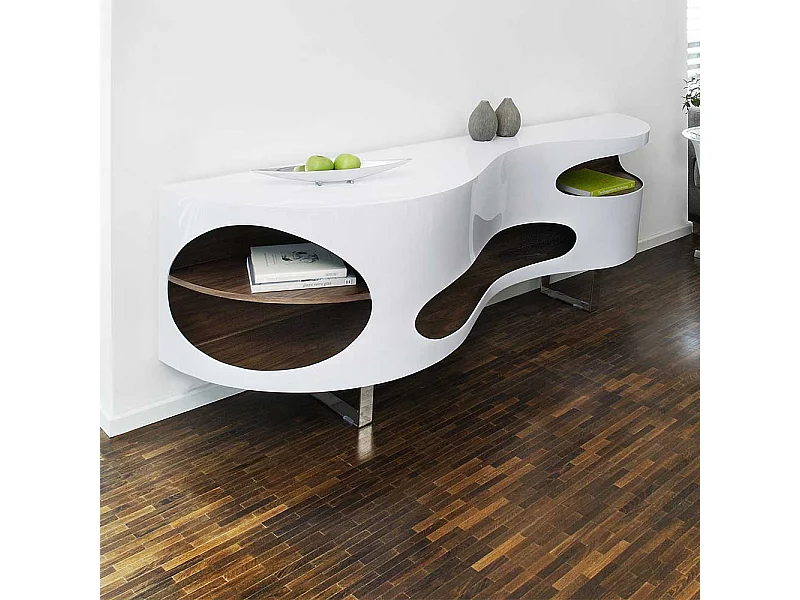 Design Sideboard geschwungen geformt Hochglanz Weiß und Walnussfarben furniert