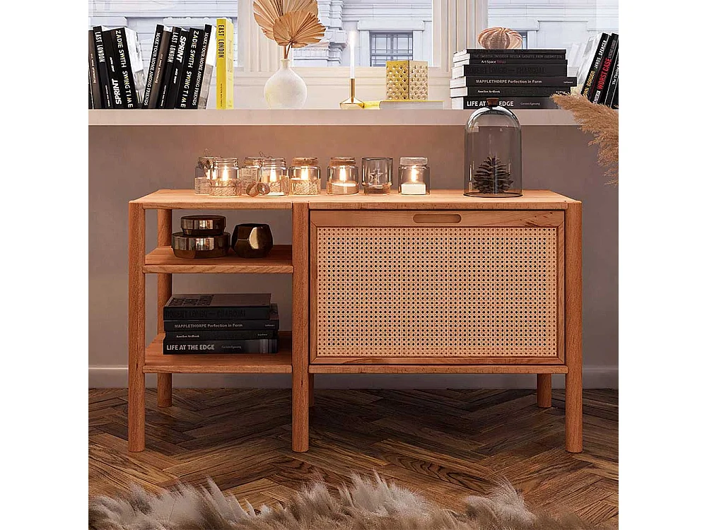Wohnzimmer Regal mit Klappe aus Wildbuche Massivholz Rattan