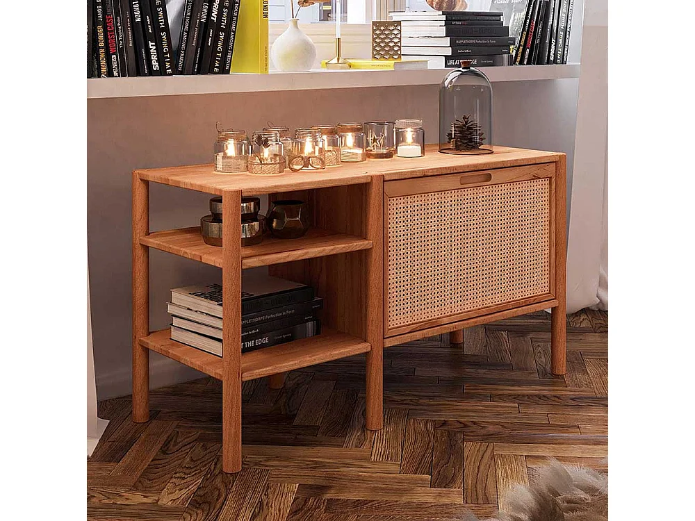Wohnzimmer Regal mit Klappe aus Wildbuche Massivholz Rattan