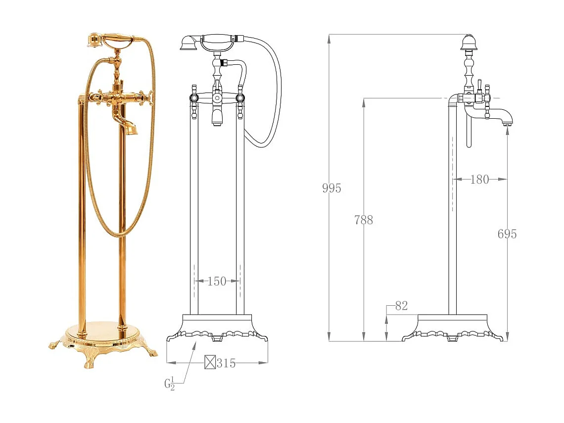 Rubinetto per vasca da bagno da pavimento in acciaio inossidabile 99,5 cm oro 02_0003479