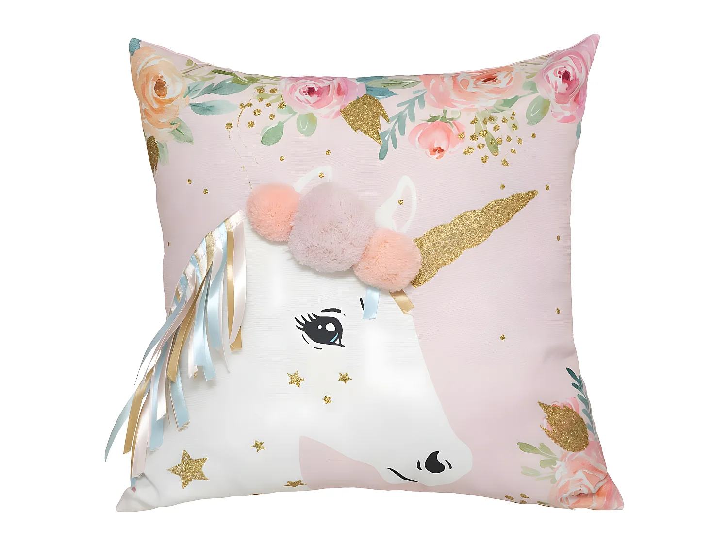 Coussin décoratif déhoussable Licorne rose avec rubans et pompons 40 x 40 cm