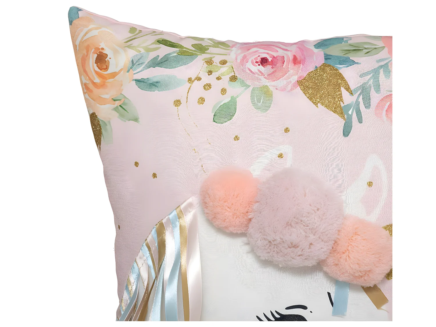 Coussin décoratif déhoussable Licorne rose avec rubans et pompons 40 x 40 cm