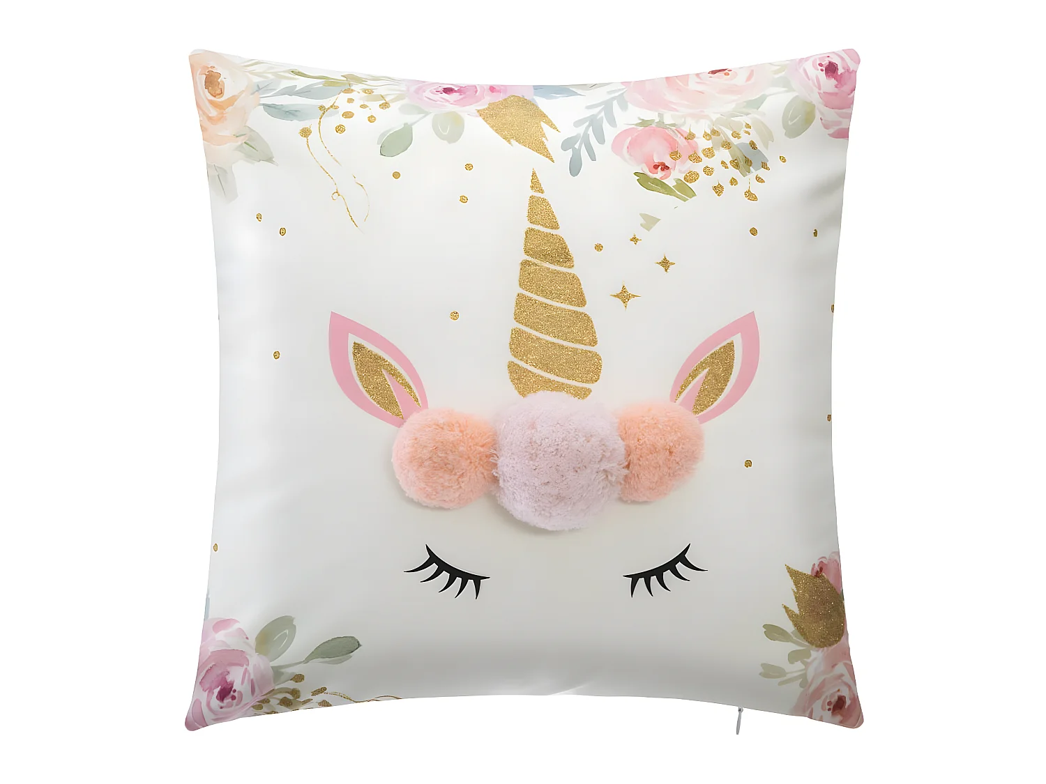 Coussin décoratif déhoussable Licorne avec Pompons et paillettes 40 x 40 cm
