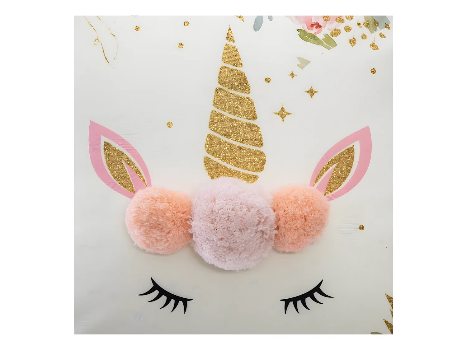 Coussin décoratif déhoussable Licorne avec Pompons et paillettes 40 x 40 cm