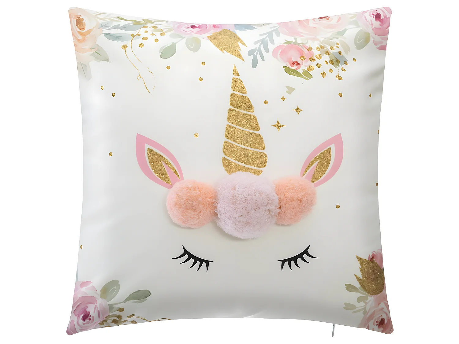 Coussin décoratif déhoussable Licorne avec Pompons et paillettes 40 x 40 cm