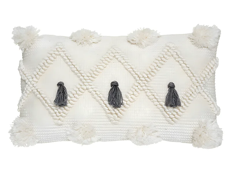Coussin déhoussable Ivoire & Pompons Gris ardoise 30 x 50 cm