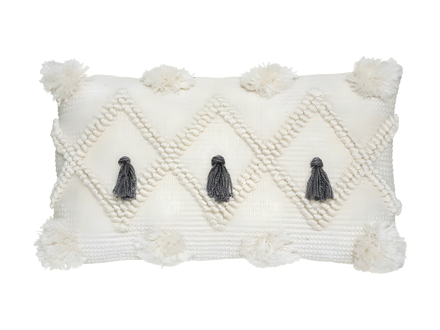 Coussin déhoussable Ivoire & Pompons Gris ardoise 30 x 50 cm