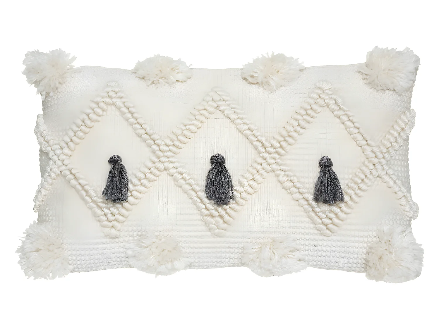 Coussin déhoussable Ivoire & Pompons Gris ardoise 30 x 50 cm