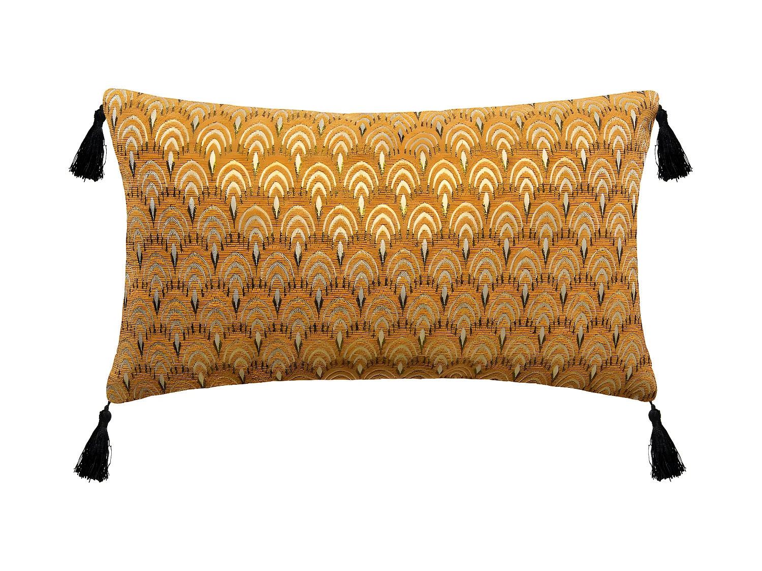 Coussin déhoussable Jacquard Ocre avec pompons 30 x 50 cm