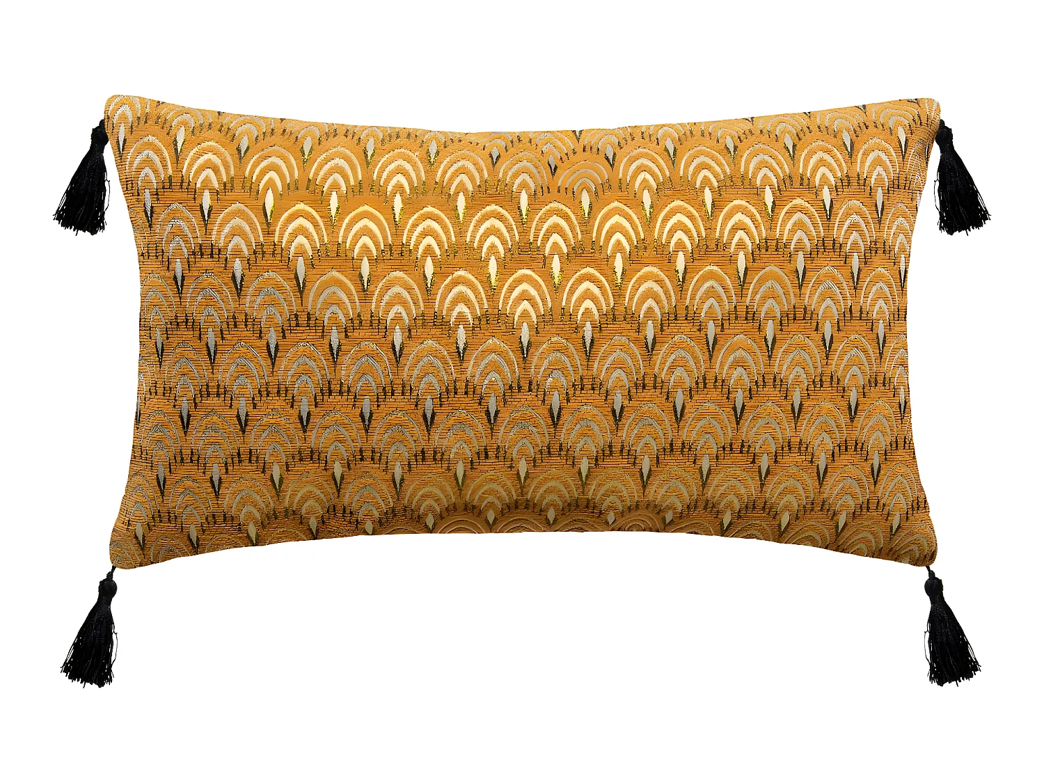 Coussin déhoussable Jacquard Ocre avec pompons 30 x 50 cm