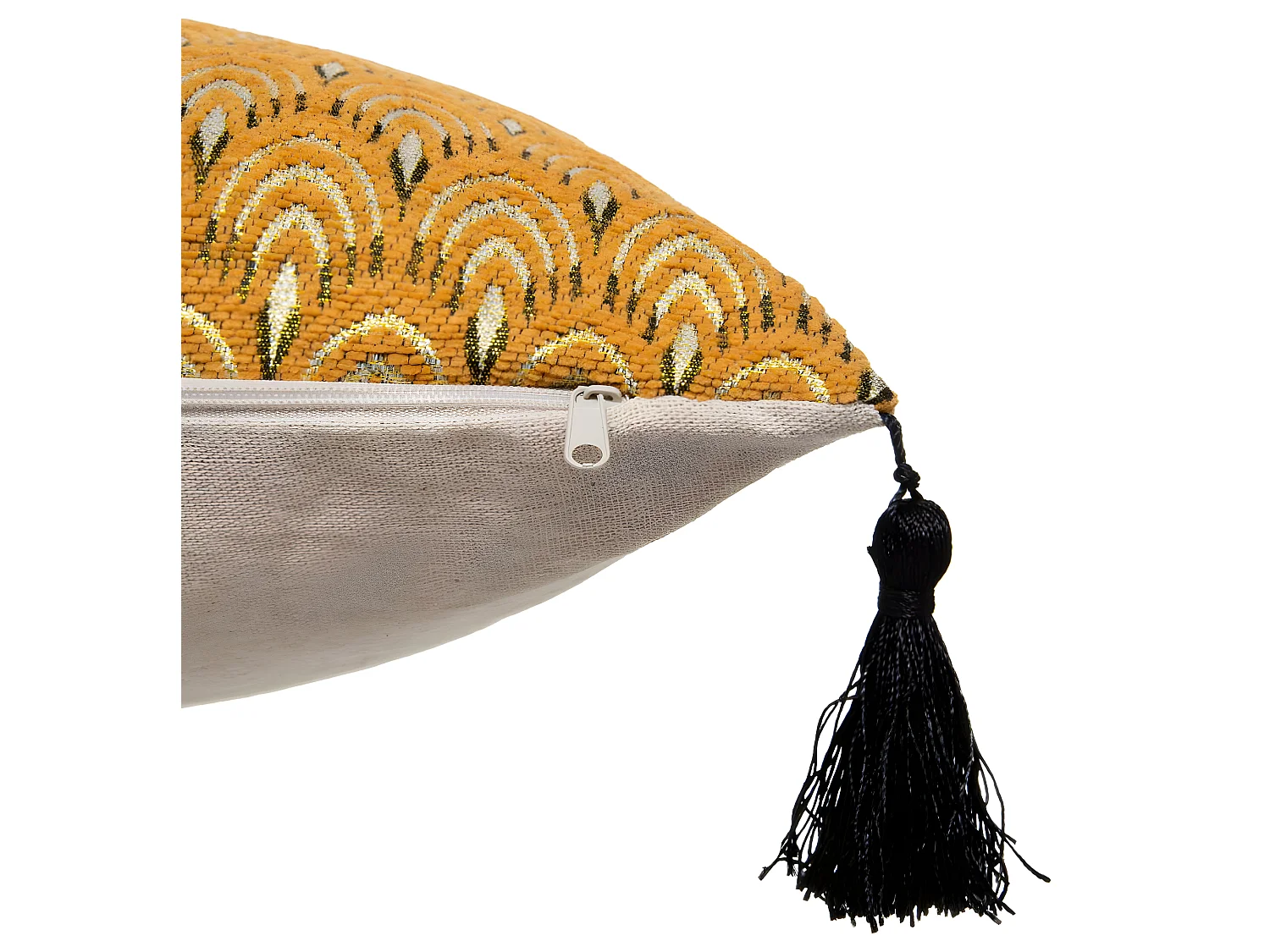 Coussin déhoussable Jacquard Ocre avec pompons 30 x 50 cm