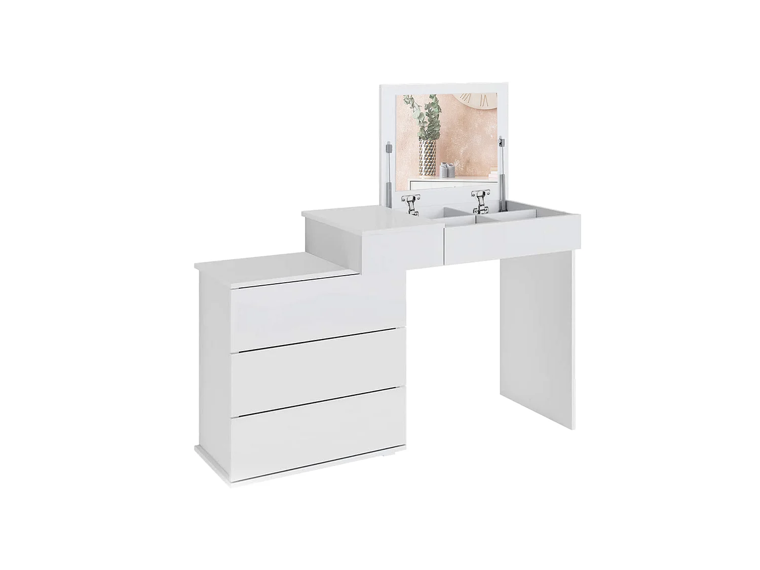 ML-Design Tocador de maquillaje 117,5 x 78 x 45 cm madera MDF blanca mesa con espejo, 4 cajones y 4 compartimentos taburete mueble de make-up