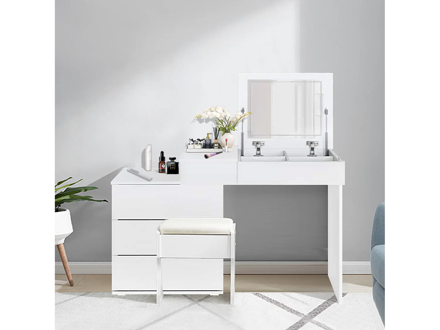 ML-Design Tocador de maquillaje 117,5 x 78 x 45 cm madera MDF blanca mesa con espejo, 4 cajones y 4 compartimentos taburete mueble de make-up