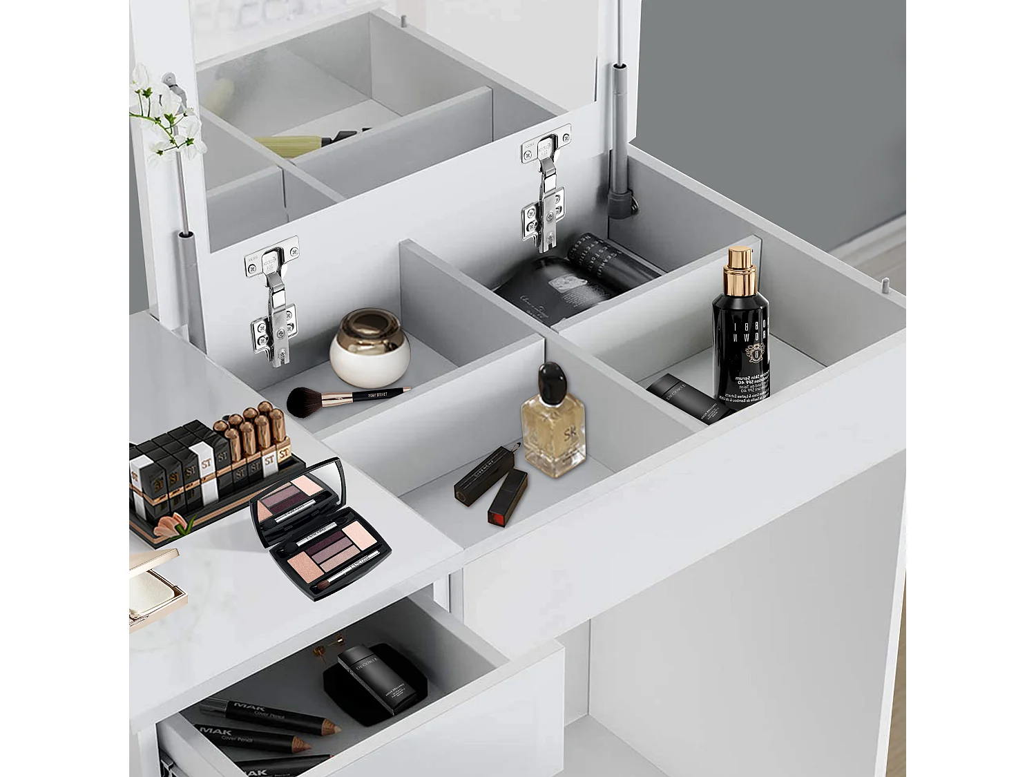 ML-Design Tocador de maquillaje 117,5 x 78 x 45 cm madera MDF blanca mesa con espejo, 4 cajones y 4 compartimentos taburete mueble de make-up