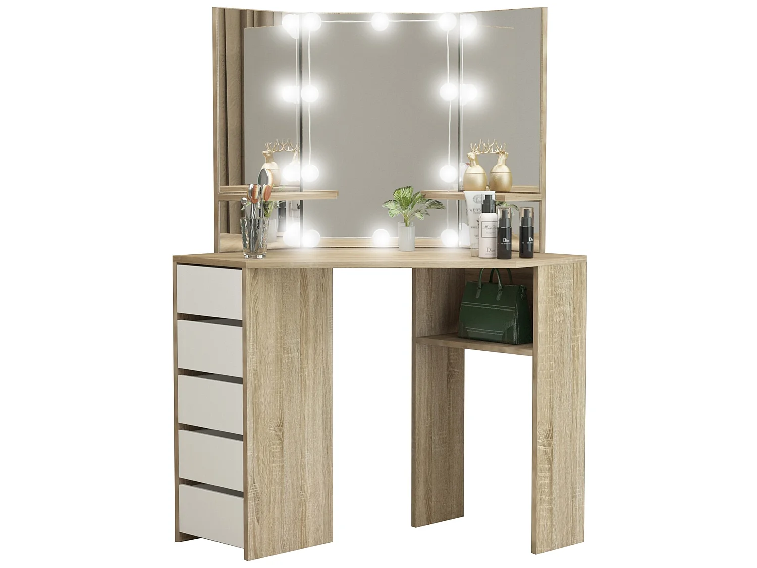 Table de coiffeuse maquillage sonoma avec miroir éclairage LED ML-DESIGN