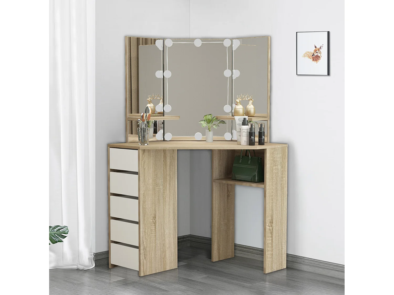 Table de coiffeuse maquillage sonoma avec miroir éclairage LED ML-DESIGN