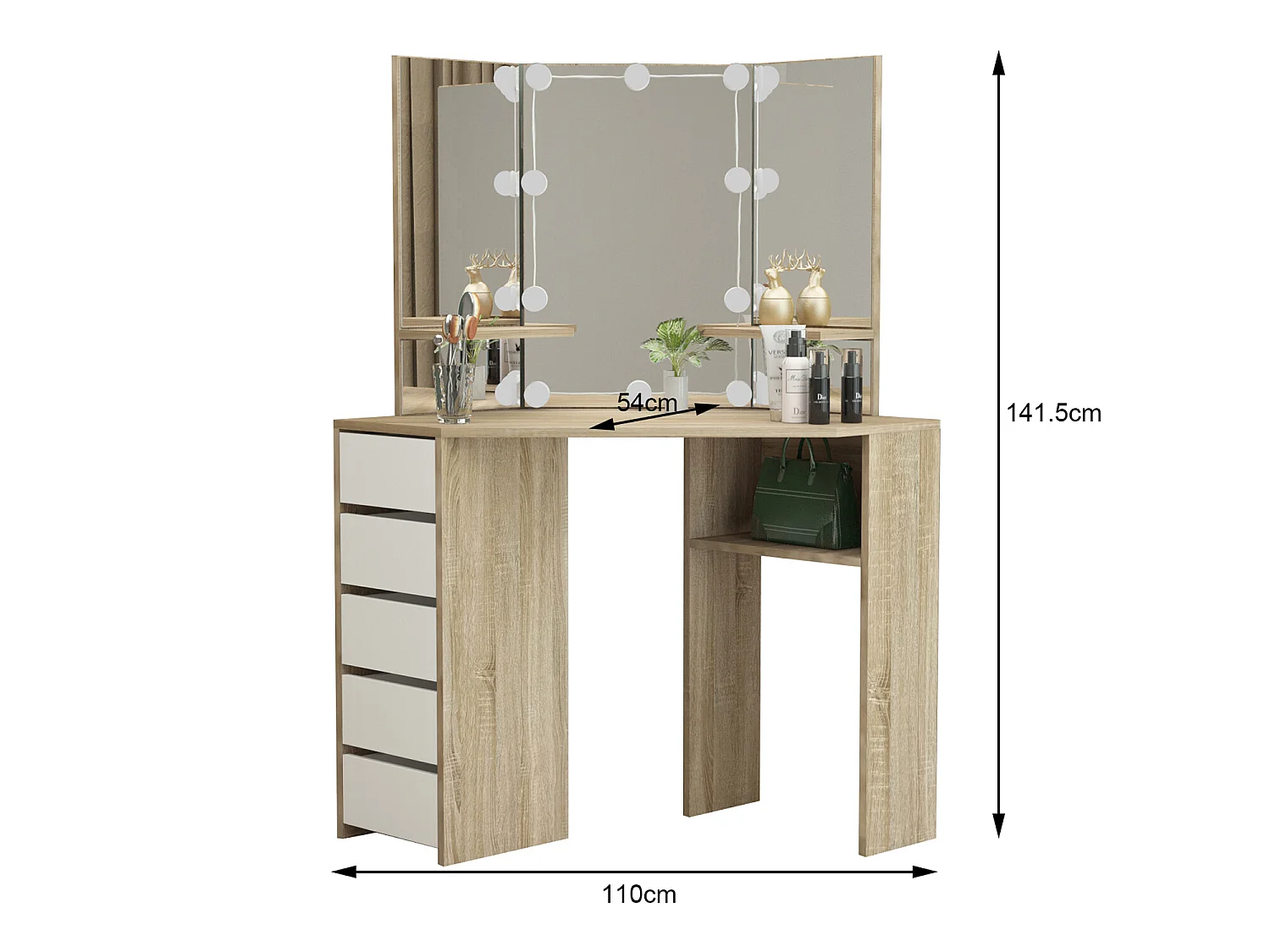 Table de coiffeuse maquillage sonoma avec miroir éclairage LED ML-DESIGN