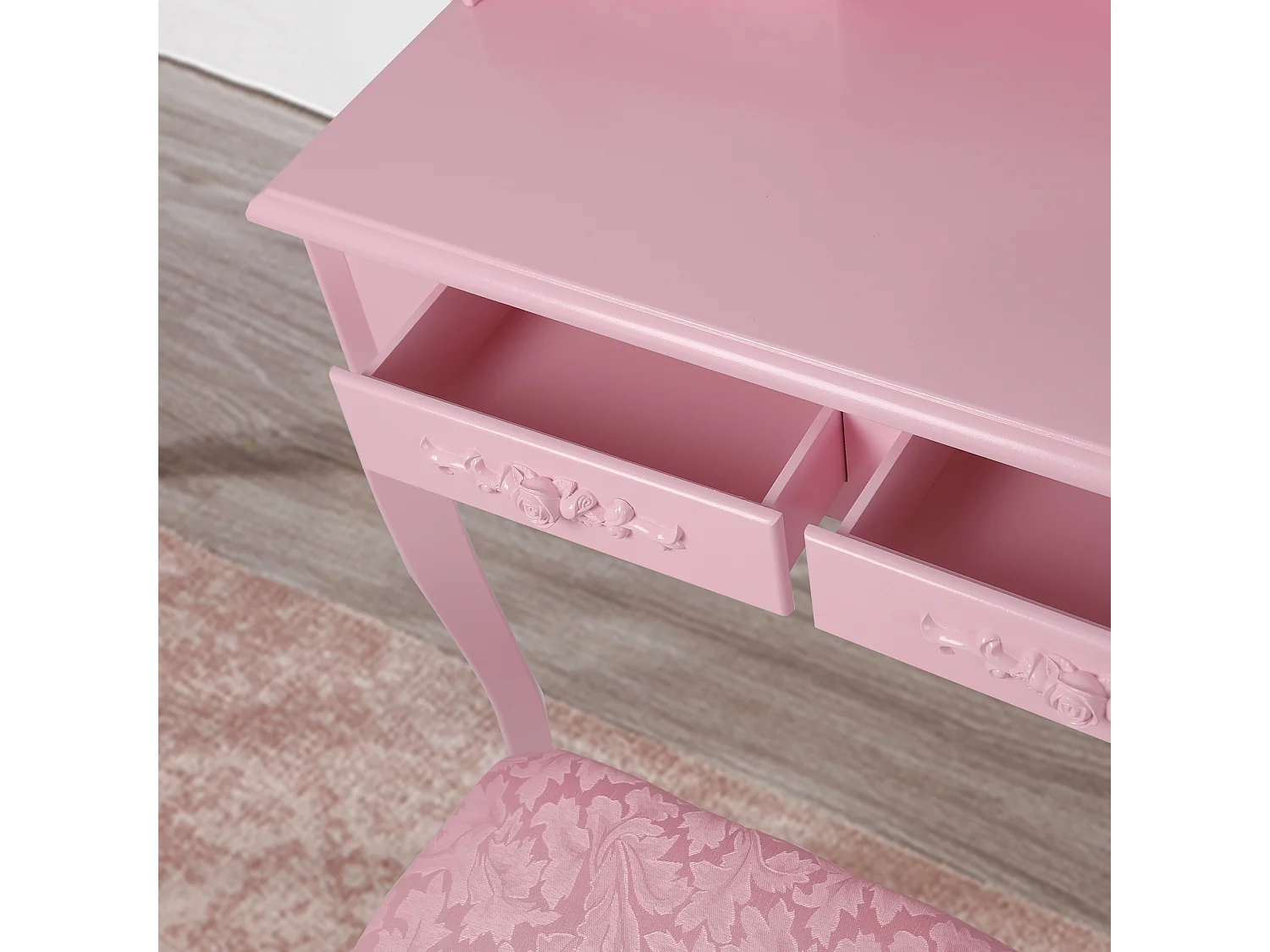 Mesa de maquillaje rosa tocador rústico con espejo y taburete MDF ML-DESIGN