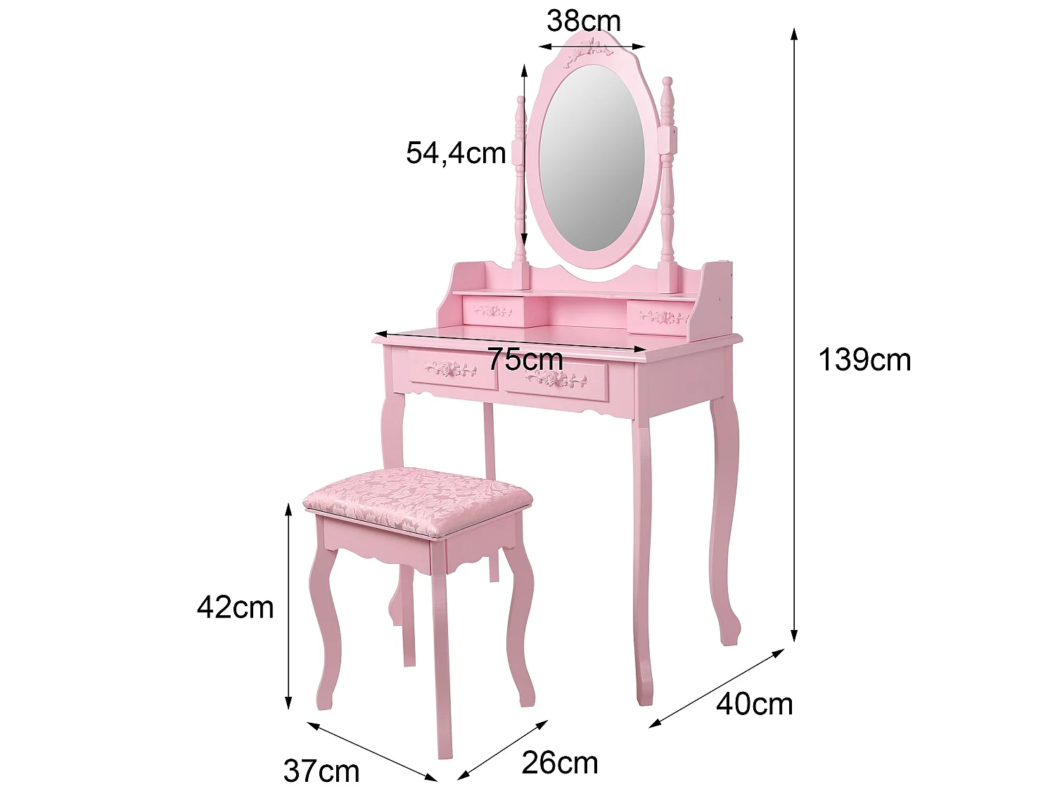 Mesa de maquillaje rosa tocador rústico con espejo y taburete MDF ML-DESIGN