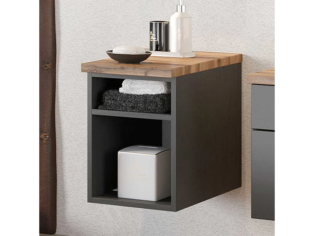 Mini Badregal in dunkel Grau und Wildeichefarben hängend