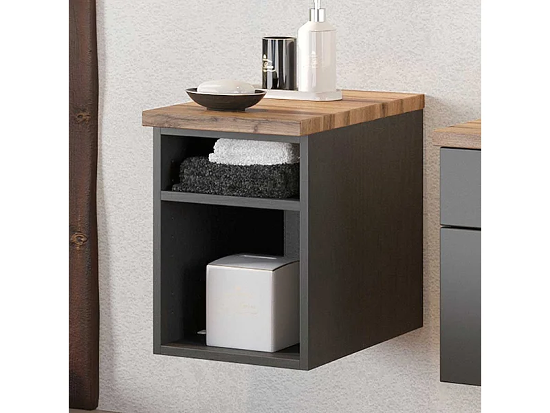 Mini Badregal in dunkel Grau und Wildeichefarben hängend