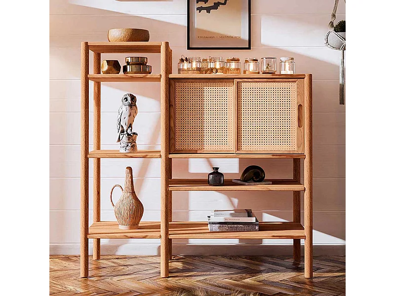 Regal Massiv Wildbuche mit Rattan Schiebetüren 123 cm hoch