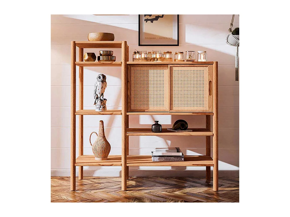 Regal Massiv Wildbuche mit Rattan Schiebet�ren 123 cm hoch