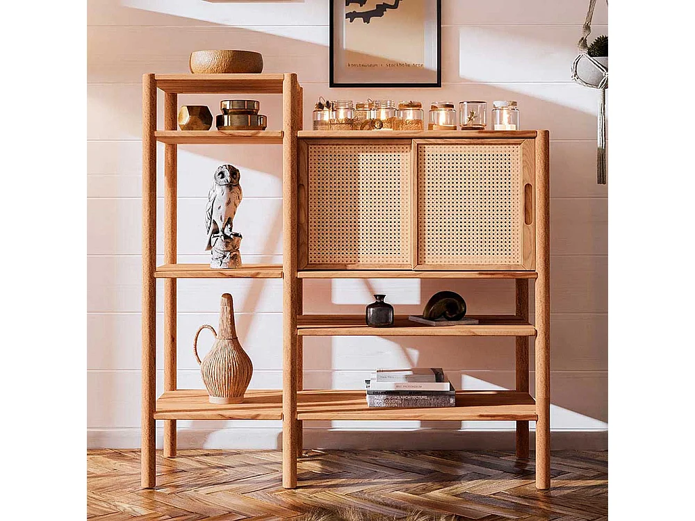 Regal Massiv Wildbuche mit Rattan Schiebetüren 123 cm hoch