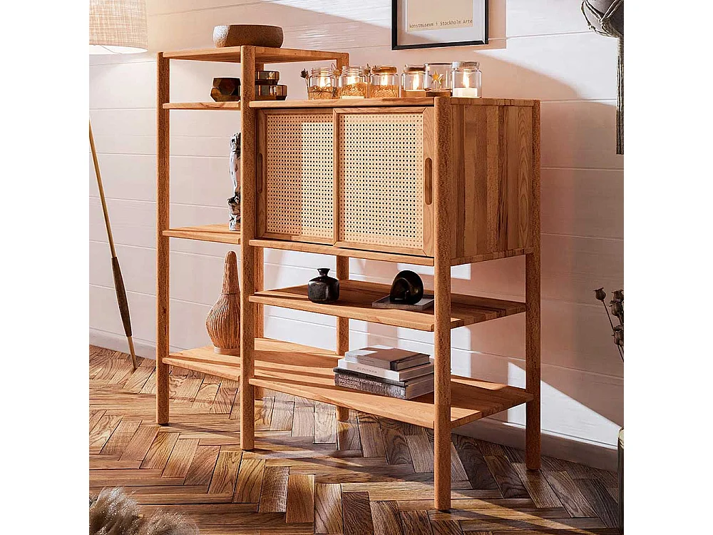 Regal Massiv Wildbuche mit Rattan Schiebetüren 123 cm hoch