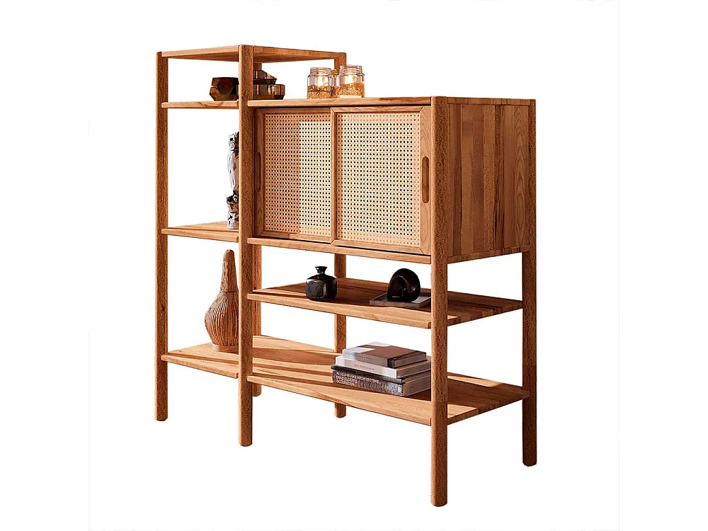 Regal Massiv Wildbuche mit Rattan Schiebetüren 123 cm hoch