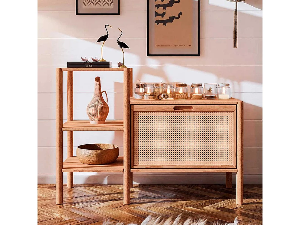 Esszimmerregal mit Klappe aus Wildbuche Massivholz Rattan