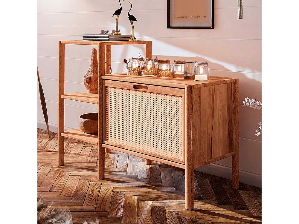 Esszimmerregal mit Klappe aus Wildbuche Massivholz Rattan